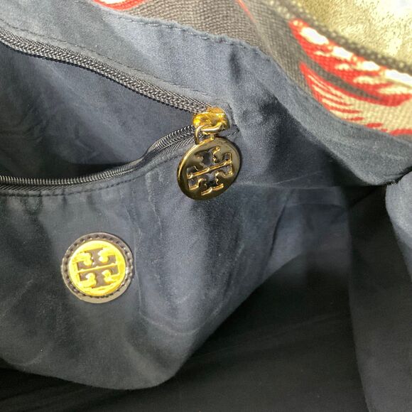 Tory Burch Purse Tote shopper Bag Birds Logo, Canvas & Patten Leather blk/navy - Picture 4 of 10